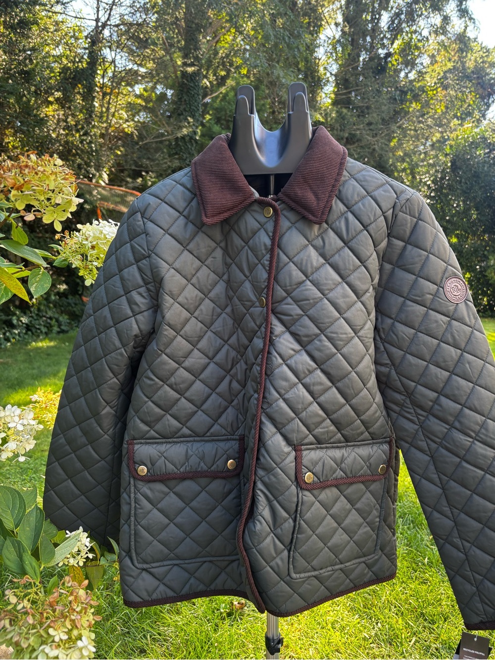 Lauren Ralph Lauren Olive Quilted Jacket with Brown Corduroy Trim